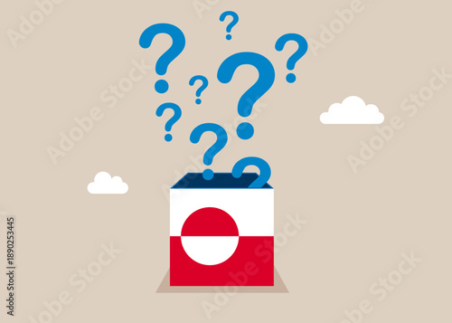 Open the box Greenland. Thinking of who what where when why and how. Asking questions for solution to so. Democracy Freedom Concept. Flat vector illustration