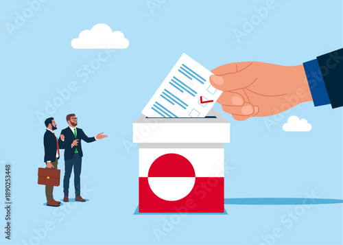 Voting in Greenland. Hand putting paper ballots to election box. Flat vector illustration