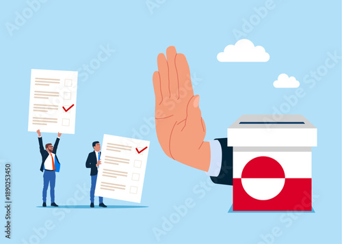 Showing her palm with refusing. Important news. Against voting in Greenland. Vote no campaign and protest signs for a political or social issue. Crisis in Greenland. Vector illustration