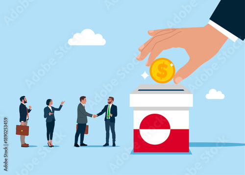 Financing Greenland. Hand putting coin a piggy bank dollar money savings Greenland. Modern vector illustration in flat style