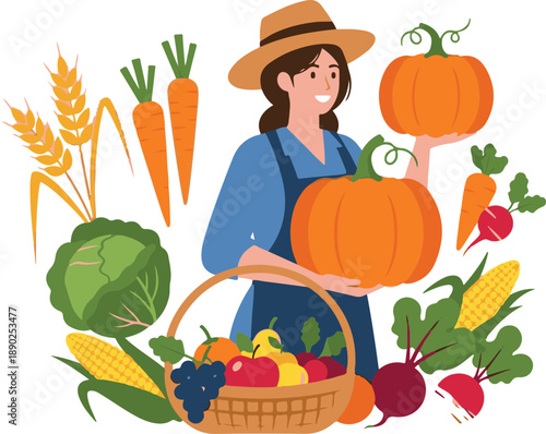 Smiling Female Farmer Holding Fresh Harvest Pumpkins and Basket of Organic Vegetables