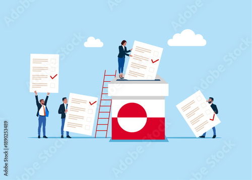 Ballot box and voters. Voting in Greenland. Paper ballots to election box. Democracy Freedom Concept. Flat vector illustration