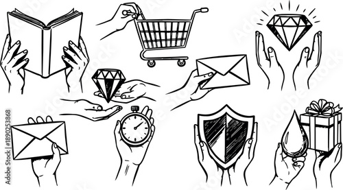 Hand drawn black line art collection showing hands reading book holding stopwatch gift diamond shield shopping cart and envelopes