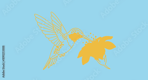 hummingbird feeding on flower, yellow silhouette