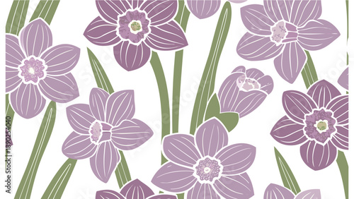 Purple daffodils with green stems and white background for spring decor and floral patterns