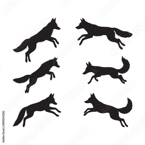 Black silhouettes of foxes leaping and running in various poses, vector illustration