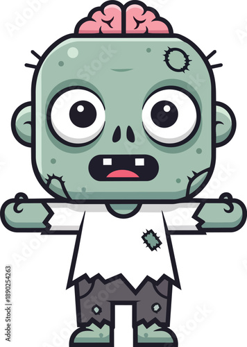 A cartoon zombie with exposed brain standing in a white environment viewed from the front