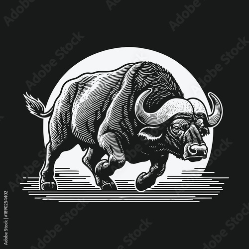 Powerful Buffalo Charging Forward in Engraved Style Illustration.