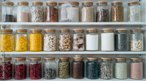 Pantry shelves fully stocked with colorful jars and dry food ingredients kitchen organization concept