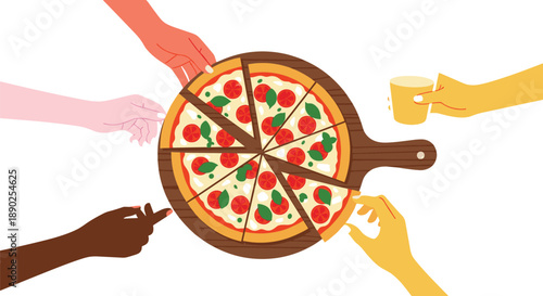 People sharing pizza slices around table illustration representing friendship party food gathering and social dining concept