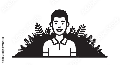 Man smiling surrounded by foliage, vector illustration of happiness and nature