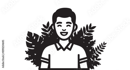 A smiling young man surrounded by lush foliage and leaves in a simple illustration