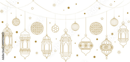 Elegant Ramadan lantern line art illustration with hanging decorative lamps stars garlands and Islamic holiday ornament background