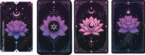 Mystical tarot card back design set with lotus moon sacred geometry and spiritual astrology ornament illustration