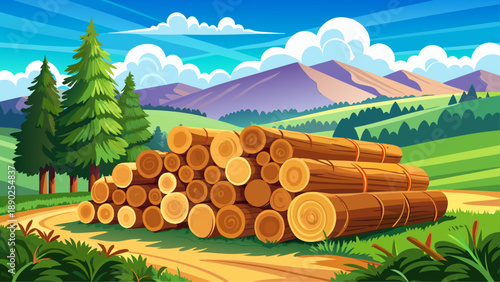 Very beautiful stacked timber logs resting in an open field under a cloudy sky, surrounded by green forest during a warm summer day.