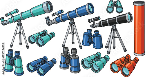 Telescope and binocular optical instrument illustration set with astronomy equipment tripods and observation tools