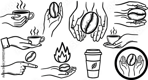 Black and white line art hands holding coffee beans and cups various positions with flame and takeaway cup icons set