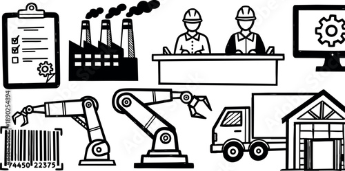 Black and white industrial icon set showing factory workers, machinery robotic arms, delivery truck, clipboard checklist, and warehouse building