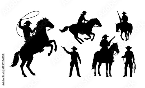 Cowboy silhouettes riding horses and holding western gear