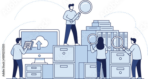 Business team analyzing data and searching information with magnifying glass illustration for research analytics and teamwork