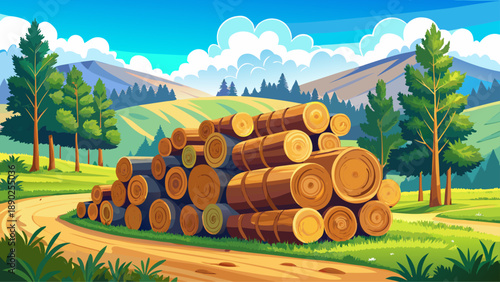 Very beautiful stacked timber logs resting in an open field under a cloudy sky, surrounded by green forest during a warm summer day.