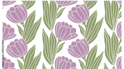 Vibrant purple tulips with green leaves on white background pattern