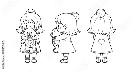A sweet little girl in outline style shown from front side and back hugging a teddy bear perfect for themes of childhood innocence comfort and friendship, Generative AI.