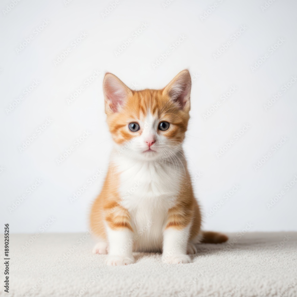 Fototapeta premium A small orange and white kitten with blue eyes sitting on a white surface.