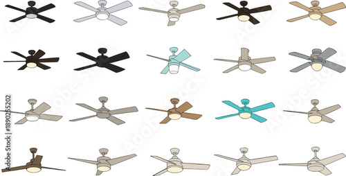 Ceiling fan illustration set with modern classic and decorative styles for home interior cooling design