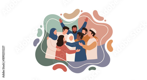 Diverse group of people embracing in a warm hug representing unity friendship and togetherness amidst abstract colorful shapes, Generative AI.