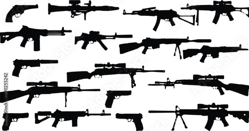 Firearm silhouette icon collection featuring pistols, rifles and assault weapons, military and tactical gun shapes in black vector style isolated on white background