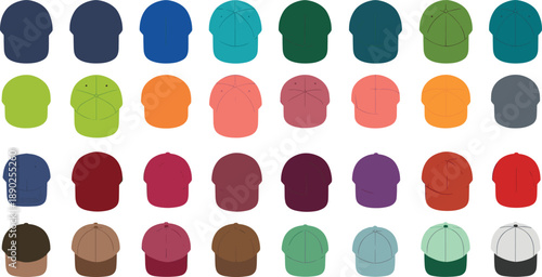 Baseball cap and hat icon set in multiple colors showing front back side and top views