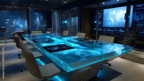 Futuristic high-tech boardroom with a glowing blue interactive digital table and global data display screens