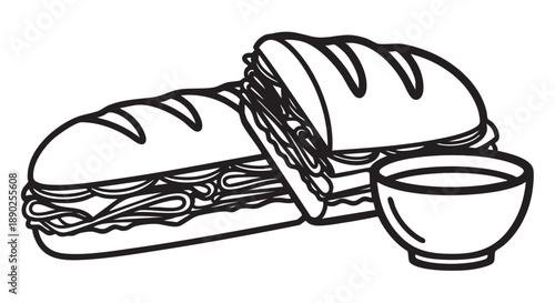 A delicious sandwich cut in half with a bowl of sauce placed beside it on a clean surface viewed from the side.