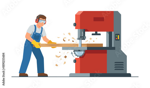 Woodworker cutting timber with a band saw machine
