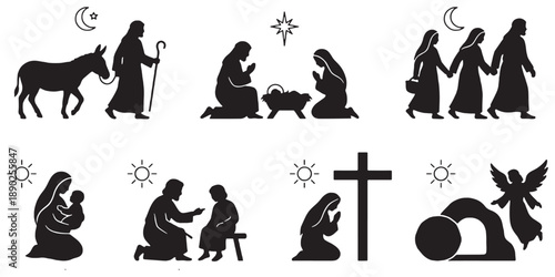 Collection of black silhouette illustrations depicting key moments from the Christian faith, including the Nativity, Jesus' life, and the Resurrection.