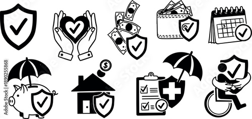 Black and white vector icons set showing insurance concepts with check mark shield, piggy bank, house, money, medical clipboard, calendar, disability person in flat design