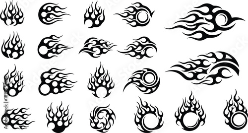 Flame icon silhouette illustration set featuring fire, burning energy and blazing motion shapes, black tribal style vector elements for tattoo, logo and graphic design isolated on white background