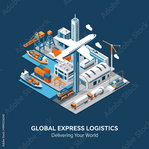 Isometric Logistics Hub with Airplane and Vehicles.