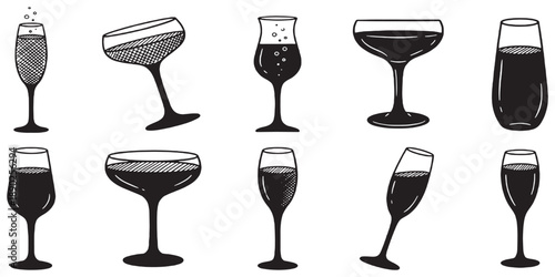 Collection of various cocktail glasses and champagne flutes in a hand-drawn sketch style.