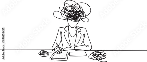 Single continuous line drawing businesswoman with round scribbles instead of a head. Confusion and mess feeling. Stressed woman working in office with problem. one line Icon drawing