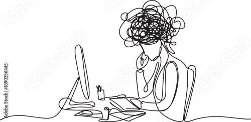 Single continuous line drawing businesswoman with round scribbles instead of a head. Confusion and mess feeling. Stressed woman working in office with problem. one line Icon drawing