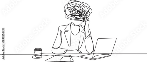 Single continuous line drawing businesswoman with round scribbles instead of a head. Confusion and mess feeling. Stressed woman working in office with problem. one line Icon drawing
