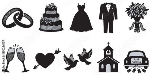 Collection of wedding icons including rings, cake, dress, suit, bouquet, champagne, heart, doves, church, and car.