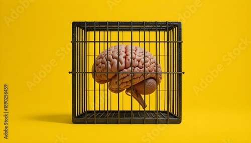 Human brain locked inside a metal cage on a bright yellow background, symbolizing mental health, control, creativity restriction, psychological pressure, freedom of thought, and conceptual ideas about