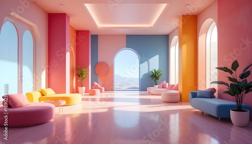 Modern pastel living room interior with soft curved furniture, arched windows, and warm natural light, creating a calm, stylish, and cozy atmosphere perfect for contemporary home decor and interior 