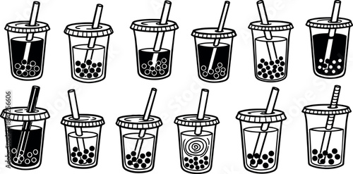 Black and white vector icons of bubble tea cups with straws and tapioca pearls arranged in two rows isolated on white background