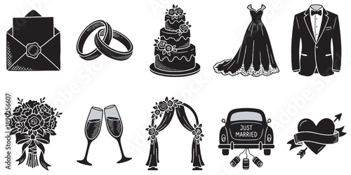 Collection of wedding icons including an envelope, rings, cake, dress, suit, bouquet, champagne glasses, arch, car, and heart.