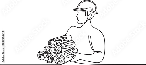 Single continuous line drawing of young lumberjack wearing helmet and glove while carrying pile of woods. Carpenter building maintenance service concept. one line Icon drawing