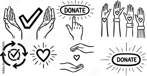 Hand drawn vector icons of hands raising with hearts donate button and checkmark symbols for charity and volunteering concepts
